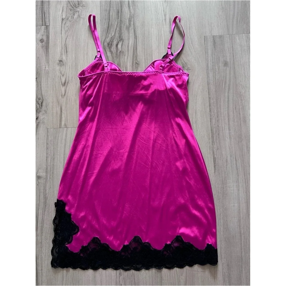 Victoria's Secret Hot Pink stretch Satin Slip Black Lace built in bra 36C vntg - Picture 4 of 15